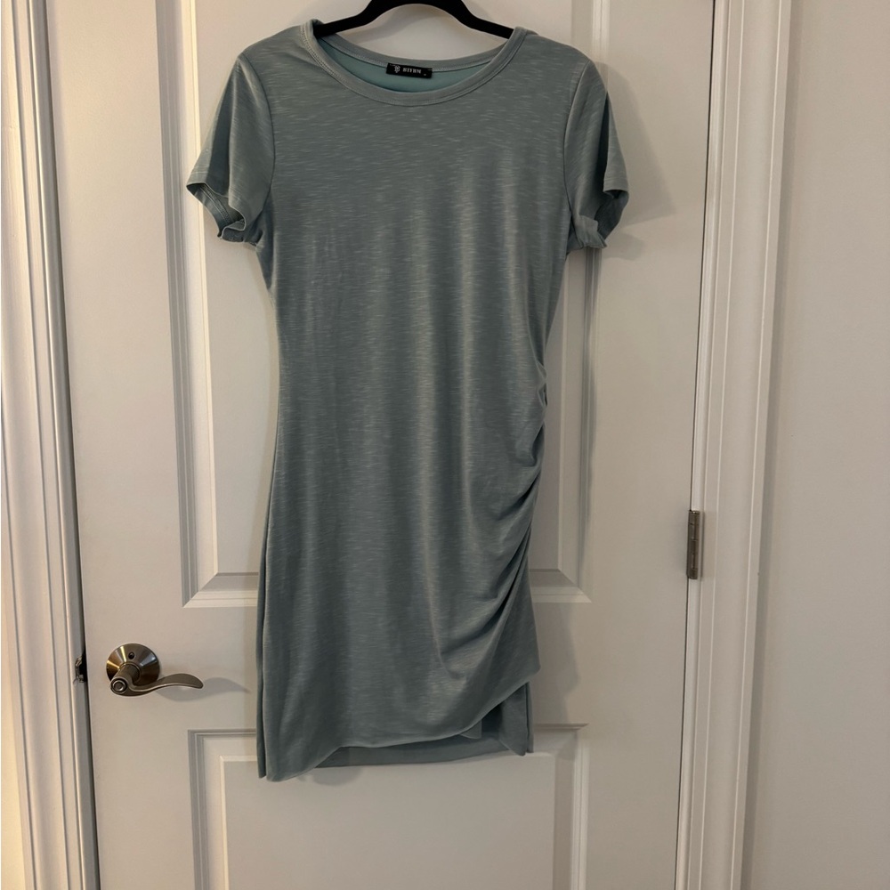 SAGE THE LABEL Short Sleeve Ruched Side Mini Dress in Dusty Blue